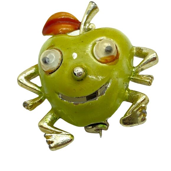 Googley Eye Green Apple Jewelry Brooch Pin Vintage 1950s Womens Gold Tone - Picture 3 of 15